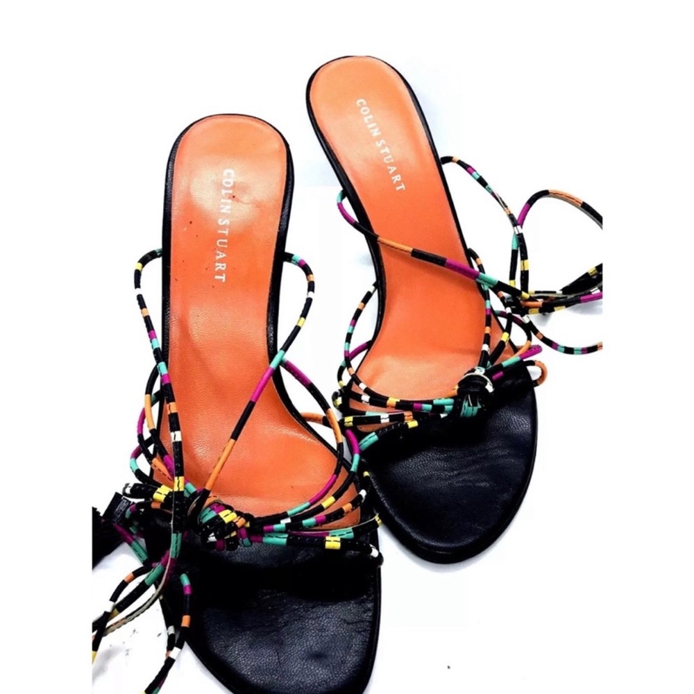 Colin Stuart Black Multicolor Strappy Lace Up Sandals Ankle Tie Heels 6.5 NWOB